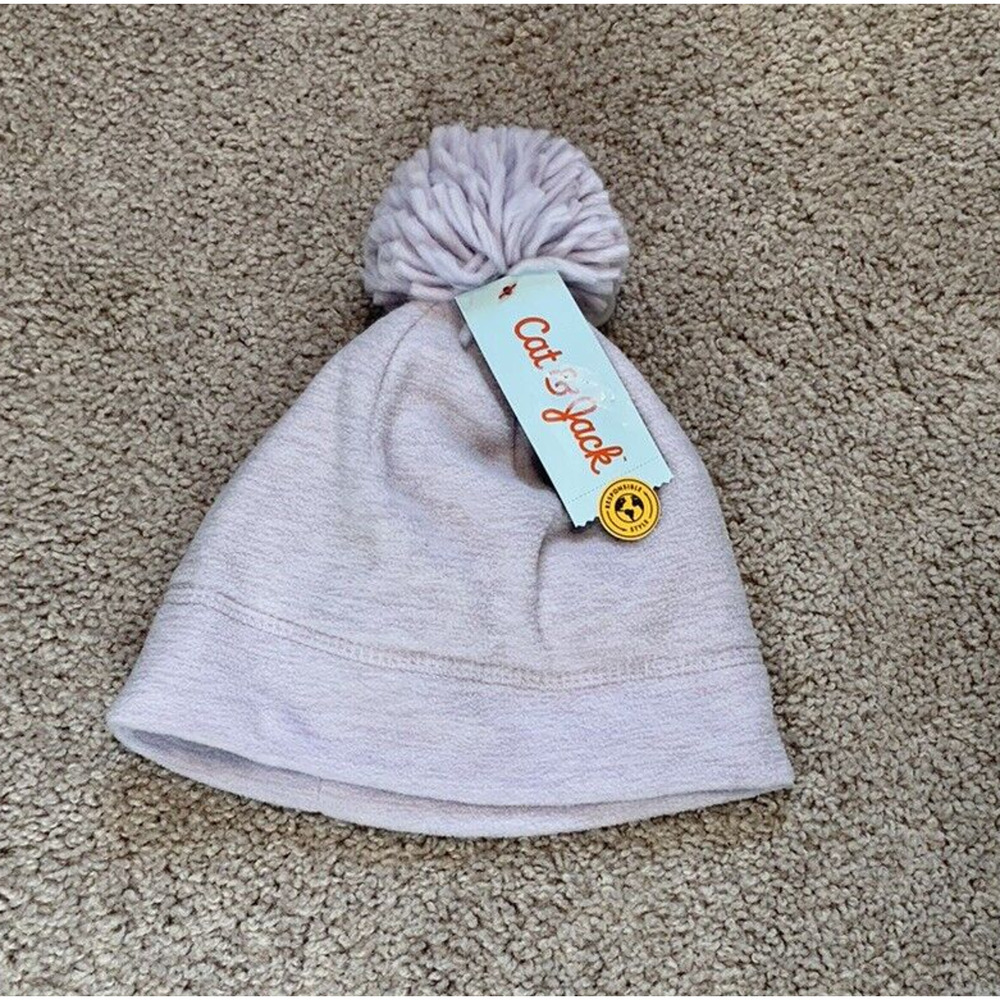 Cat & Jack Toddler Girls Purple Fleece Beanie Winter Hat with‎ Pom Size 12-24M